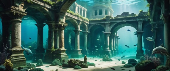 Enchanted underwater ruins with mysterious creatures for wallpaper
