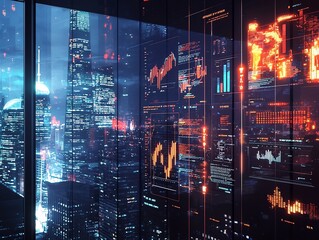 Futuristic Virtual Workspace Overlooking Glowing City Skyline with Transparent Data Displays