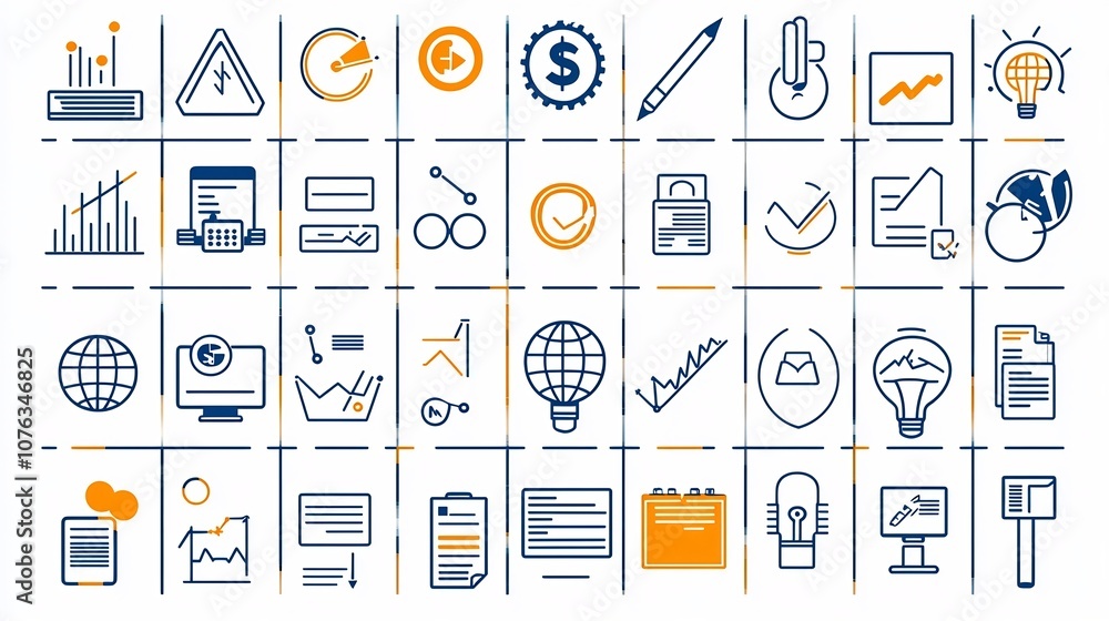 Poster Minimalist outline icon set featuring a collection of 60 business related symbols and graphics for finance strategy and productivity applications and tools with editable design
