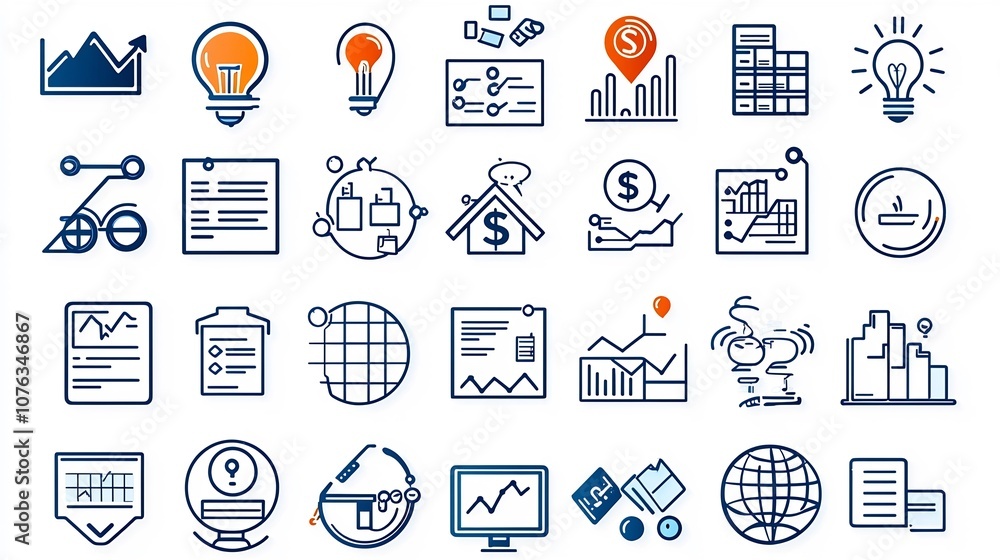 Poster set of 60 outline business icons featuring essential finance strategy and productivity tools editabl