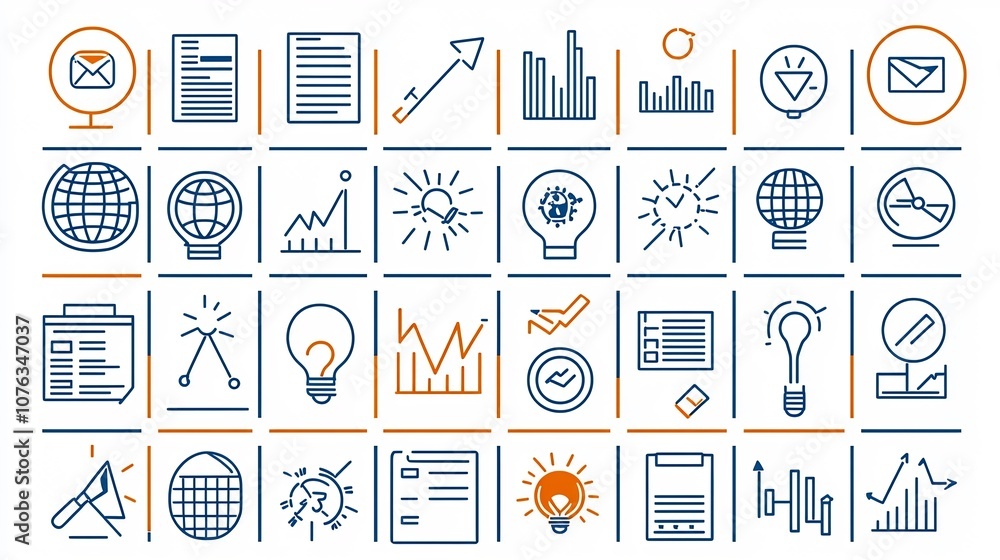 Poster Outline icon set featuring essential business elements like target productivity growth chart and success in a modern editable style suitable for corporate finance and management concepts