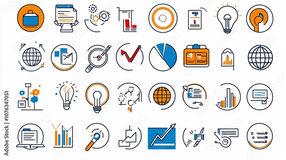 Poster set of 60 outline icons for various business essentials featuring target productivity growth chart a