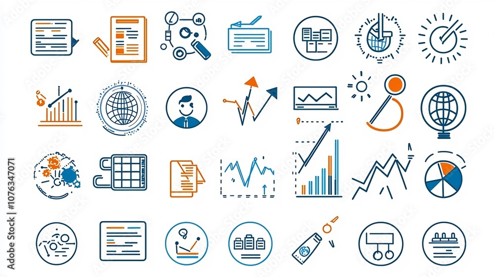 Poster Set of 60 minimalist outline icons for business essentials featuring target productivity growth chart and success symbols in an editable style for strategy planning analytics and workflow
