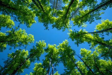 Fototapeta premium Majestic Forest Canopy with Tall Trees and Vibrant Green Leaves Under Blue Sky