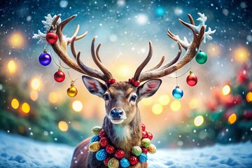 A Festive Reindeer with Decorated Antlers in a Winter Wonderland Setting, Perfect for Holiday Themes and Christmas Celebrations, Clear Space for Text or Branding