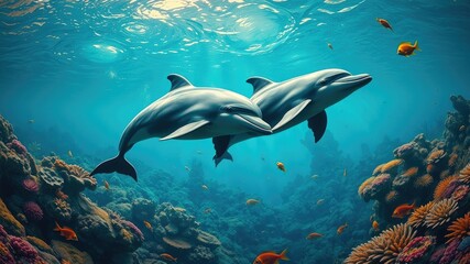Fototapeta premium Dolphins Swimming Over Coral Reef - Photorealistic 32K Architectural Photography