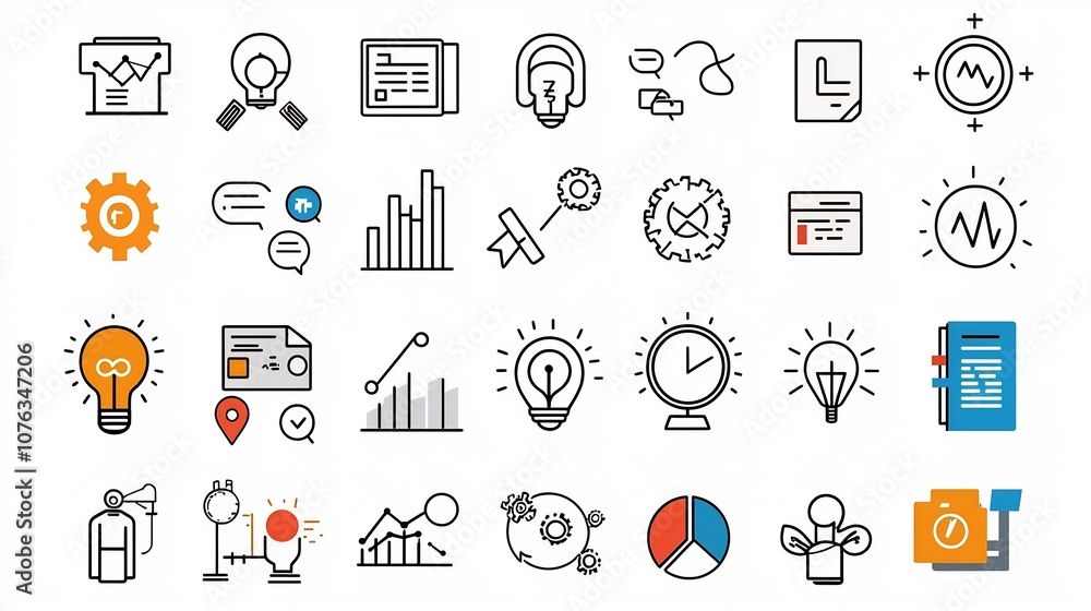Poster Comprehensive business icon set featuring 60 outlined icons that represent key concepts such as leadership communication market analysis and finance