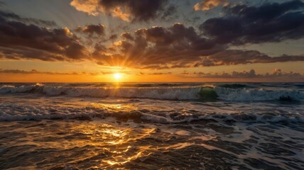 Obraz premium Beautiful sunset casting a warm glow on the ocean waves