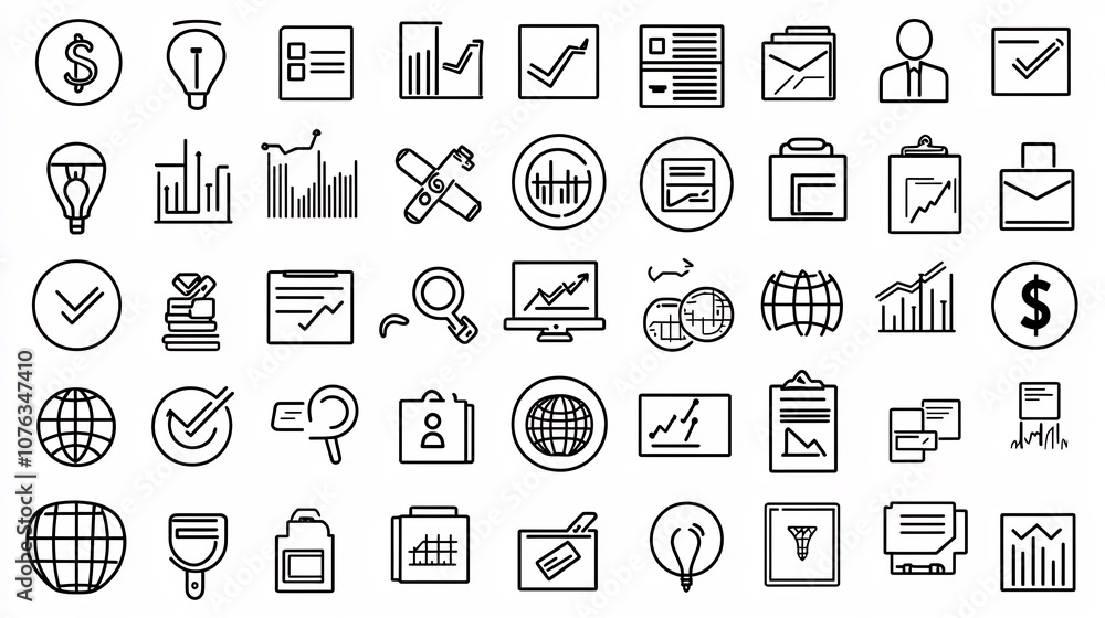 Poster comprehensive outline icon set covering key business elements like strategy in a clean design