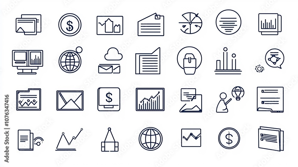 Poster comprehensive outline icon set covering key elements of business strategy finance marketing and for 