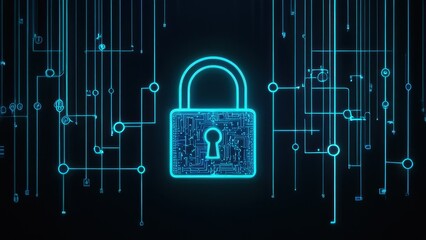A glowing padlock surrounded by vibrant digital data streams, symbolizing cybersecurity and data protection in a modern, high-tech environment