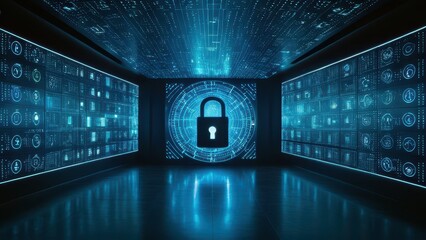 A glowing padlock surrounded by vibrant digital data streams, symbolizing cybersecurity and data protection in a modern, high-tech environment