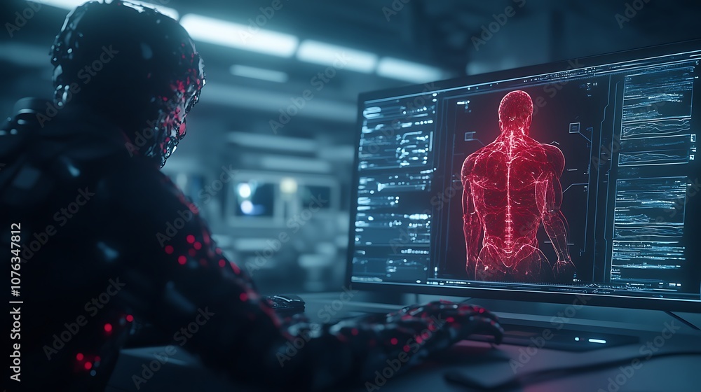 Aufkleber a futuristic scene depicting a humanoid figure analyzing a glowing digital representation of a human
