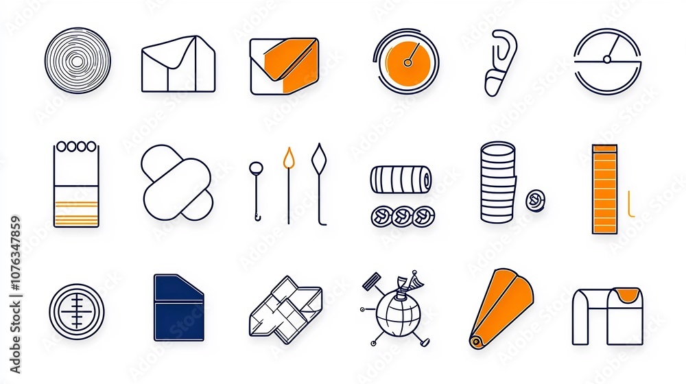 Poster set of 30 minimalist outline fabric icons highlighting key features such as fade resistance moisture