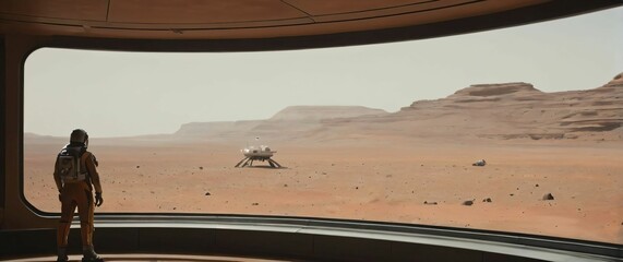 Crew in Mars base looking out large windows