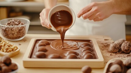 Pouring smooth chocolate into a mold for homemade truffles, AI