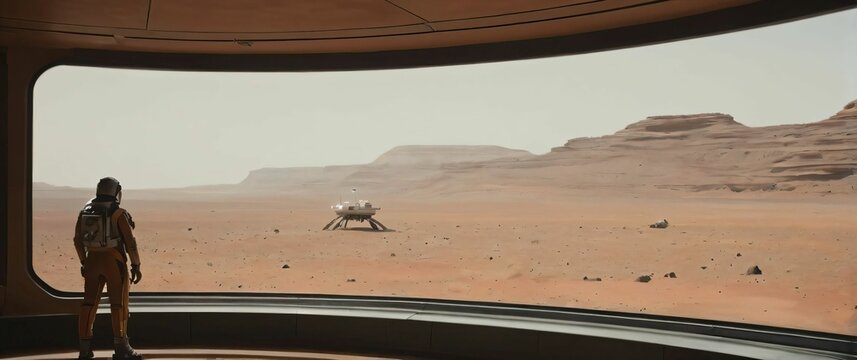Crew in Mars base looking out large windows