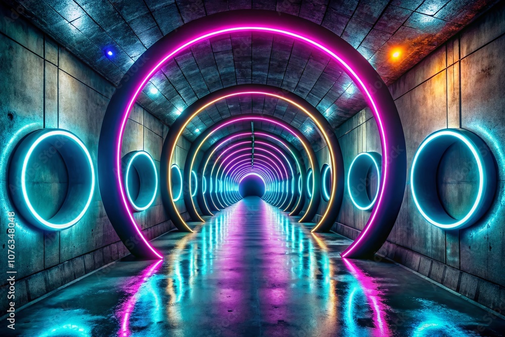 Poster a long concrete tunnel illuminated by glowing neon rings creating a breathtaking bokeh effect for a 