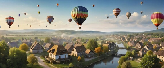 Obraz premium Colorful hot air balloons floating over a village for a whimsical wallpaper