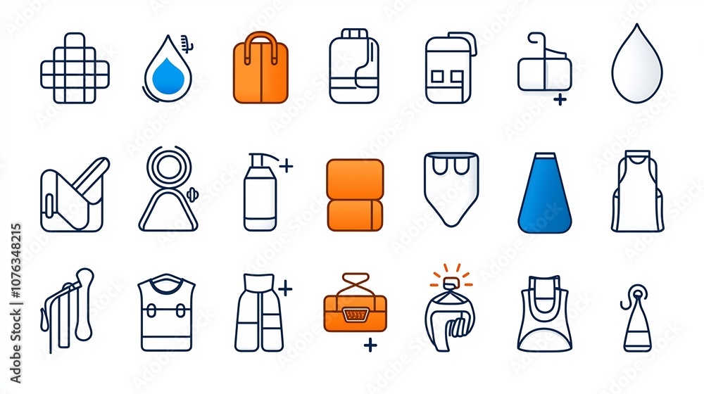 Poster Comprehensive collection of 30 sleek and modern linear icons designed to visually represent various technical attributes of fabrics and textiles including water repellency UV protection