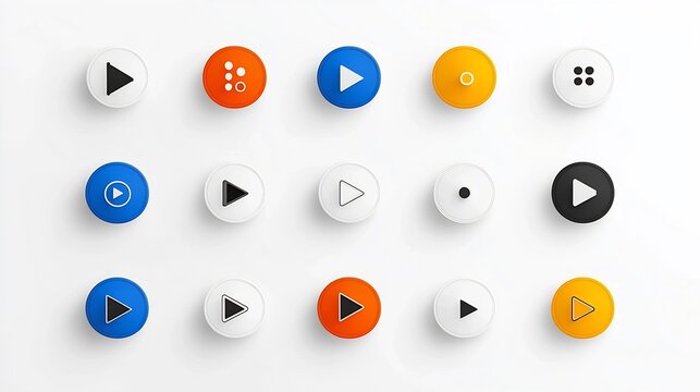 Set of minimalist icons representing the essential controls for a video player interface including play pause and stop buttons with a clean modern and visually appealing design