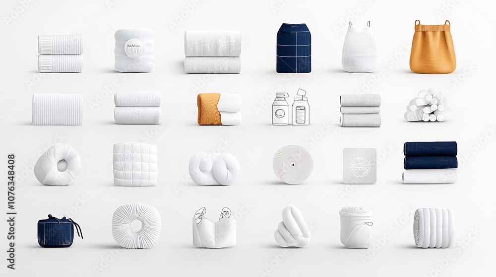Poster set of 30 minimal outline style icons representing various fabric features properties and characteri
