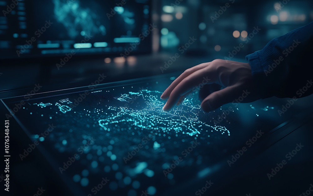 Leinwandbilder A hand interacts with a holographic digital map, showcasing intricate data visualizations in a futuristic setting.