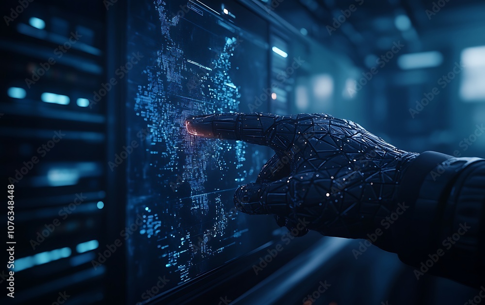 Aufkleber A futuristic hand interacts with a digital interface, showcasing advanced technology and data visualization in a high-tech environment.