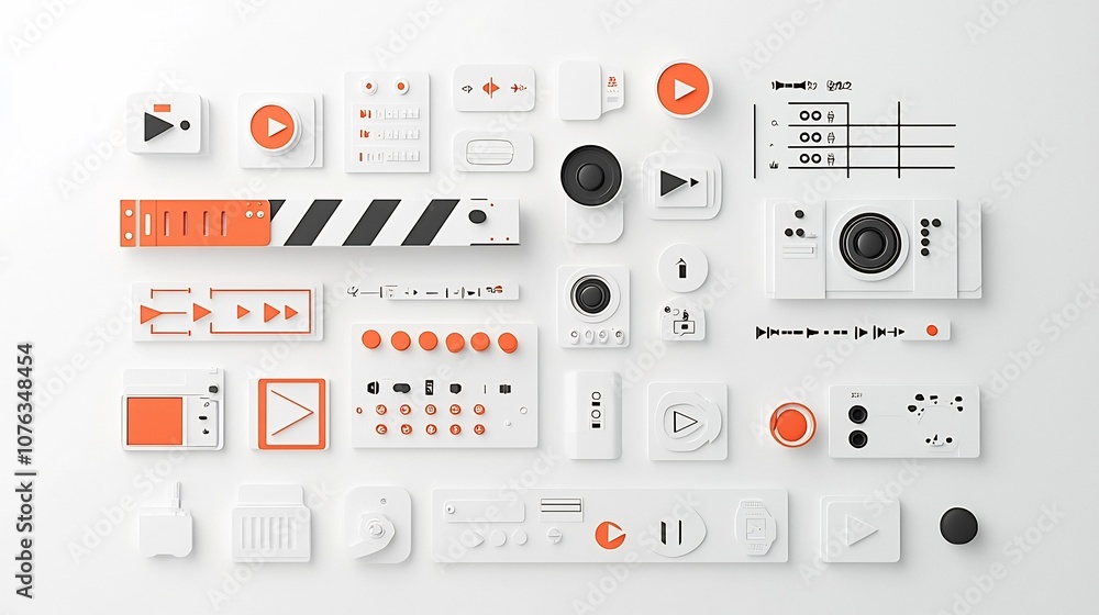 Fototapete collection of simple icons representing various media controls and production elements such as strea