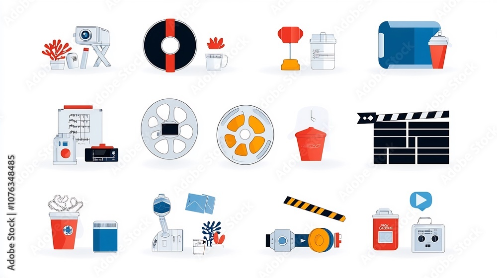 Poster sleek and modern video player icon set featuring classic cinema elements like film reel clapperboard