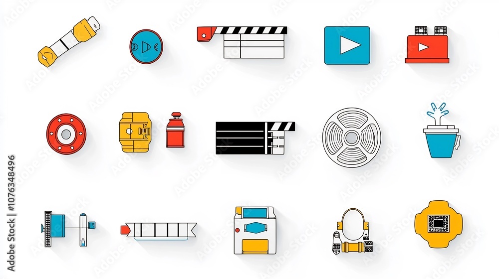 Leinwandbilder comprehensive video player icon set featuring cinema elements like film reel clapperboard and live s