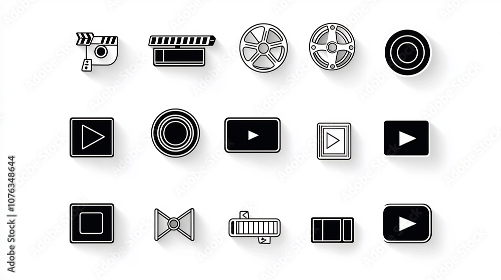 Leinwandbilder collection of minimalist video player icons including clapperboard film reel play and stop buttons p