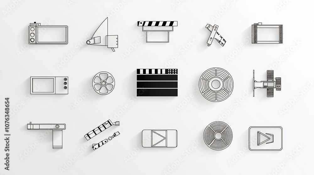 Poster Comprehensive set of essential video player icons including clapperboard film reel play and stop buttons in a clean minimalist thin line style  Suitable for multimedia entertainment