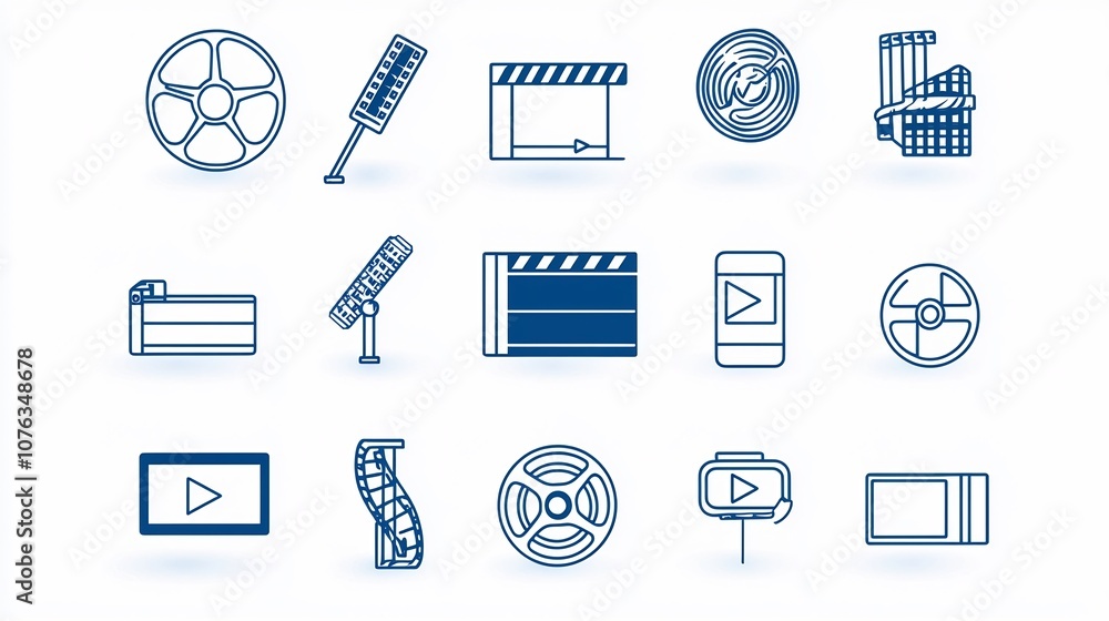 Leinwandbilder Comprehensive Set of Minimal Video Player Icons Including Clapperboard Film Reel Play and Stop Buttons Depicted in a Thin Line Style for Multimedia Entertainment and Cinema