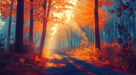 Digital Art of an Autumn Path with Vibrant Orange Trees