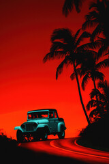 Adventurous Sunset Drive Through Tropical Paradise with Palm Trees