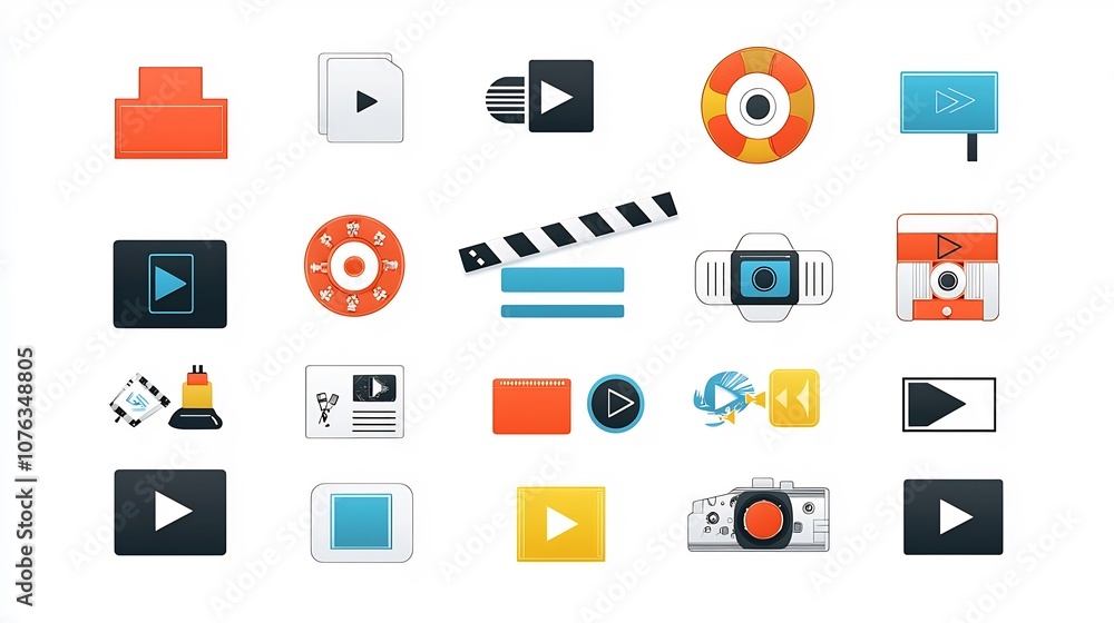 Aufkleber comprehensive collection of multimedia icons featuring clapperboard movie reel and streaming symbols