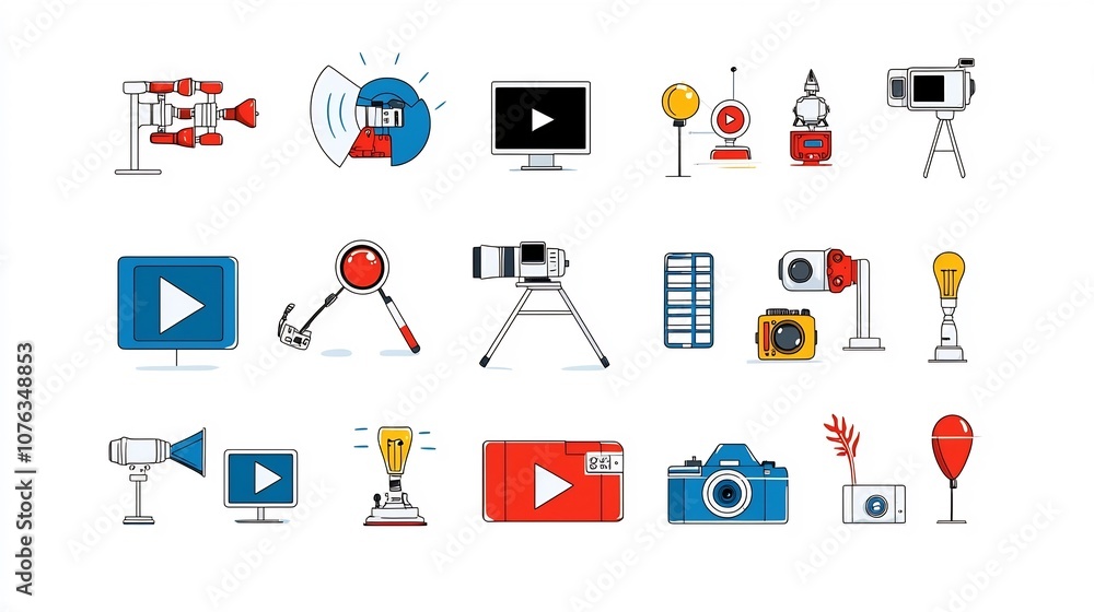 Poster elegant featuring a collection of icons and symbols representing various aspects of movie and video 