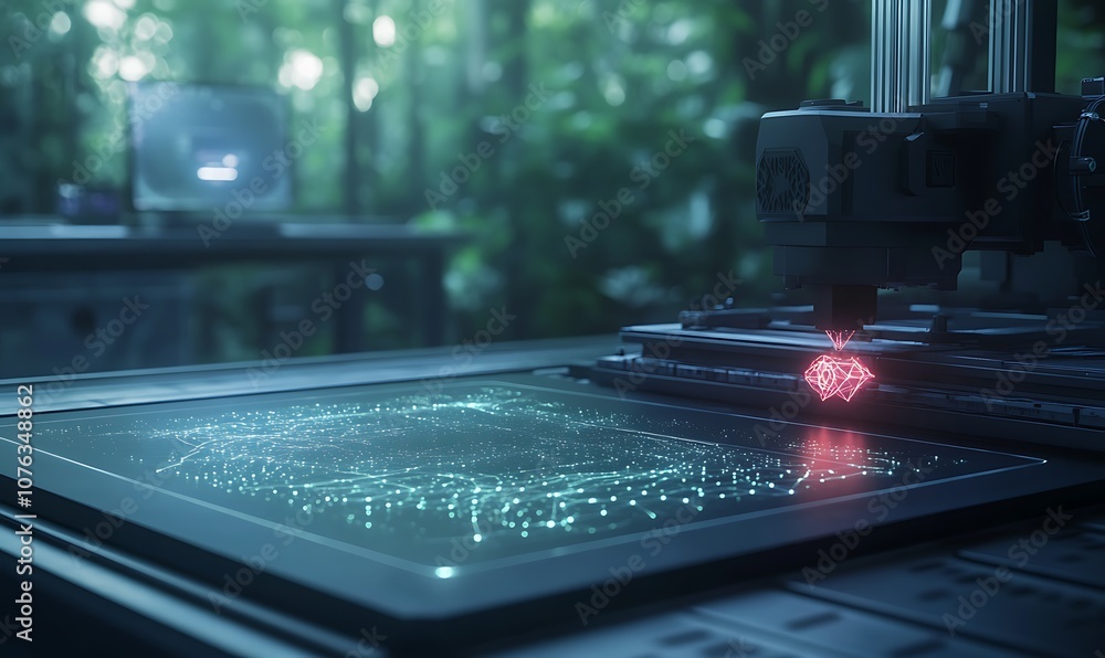 Poster A high-tech device illuminates a surface with a glowing pattern in a lush, green, forest-like environment, blending nature and technology.