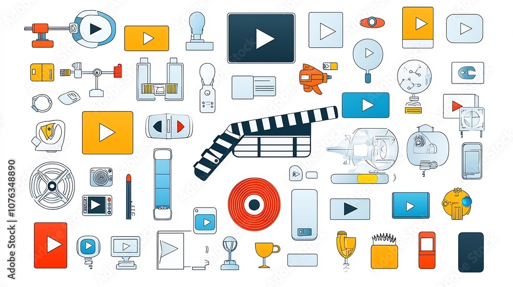 Poster collection of multimedia icons featuring clapperboard movie reel and streaming symbols for video pla