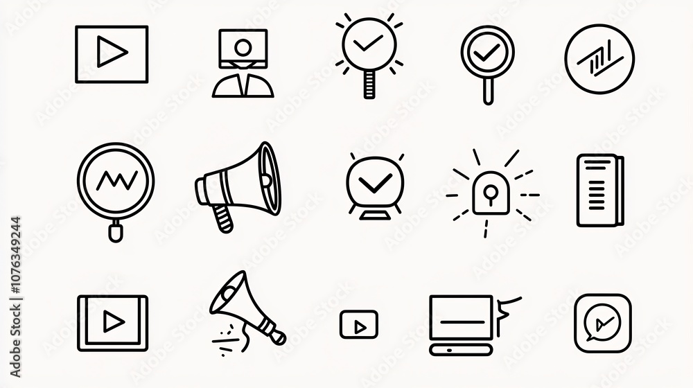 Poster set of minimalist icons and symbols for digital marketing and public outreach campaigns clean line d