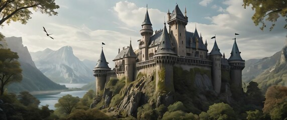 Castle surrounded by mythical beasts ideal for a coloring book scene