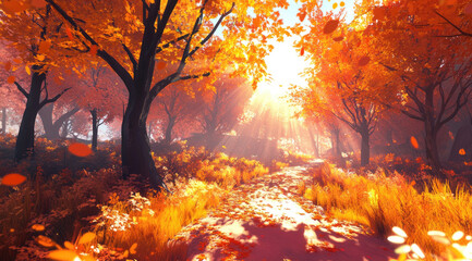 Sunlit Trail Winding Through a Fantasy Autumn Forest with Glowing Hues