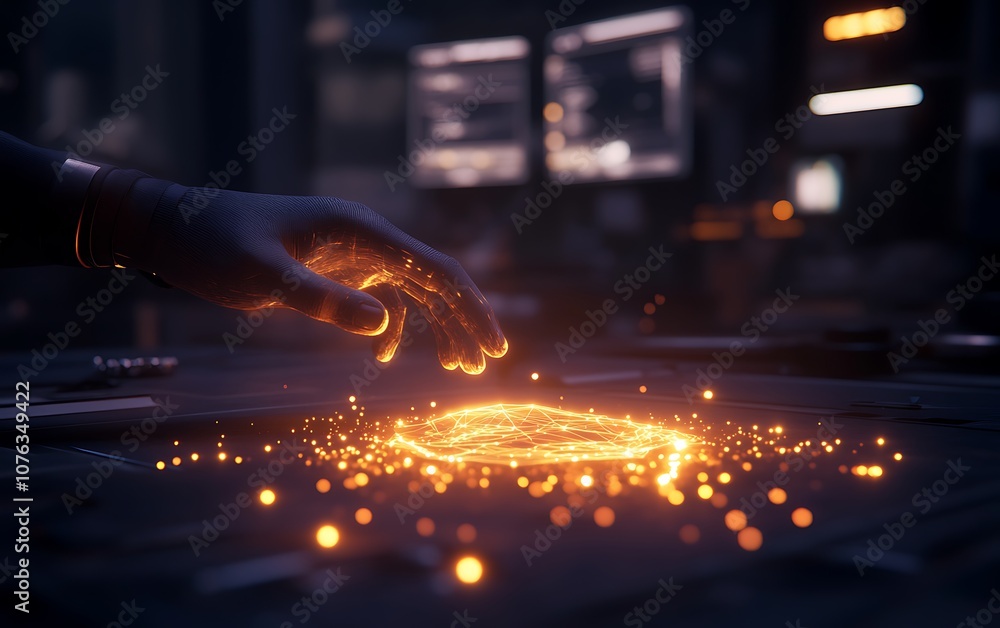 Poster a glowing hand interacts with radiant particles in a futuristic setting, showcasing technology and e