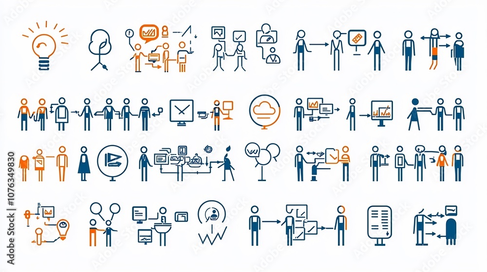 Fototapete collection of simple line icons depicting various aspects of community focused business concepts inc