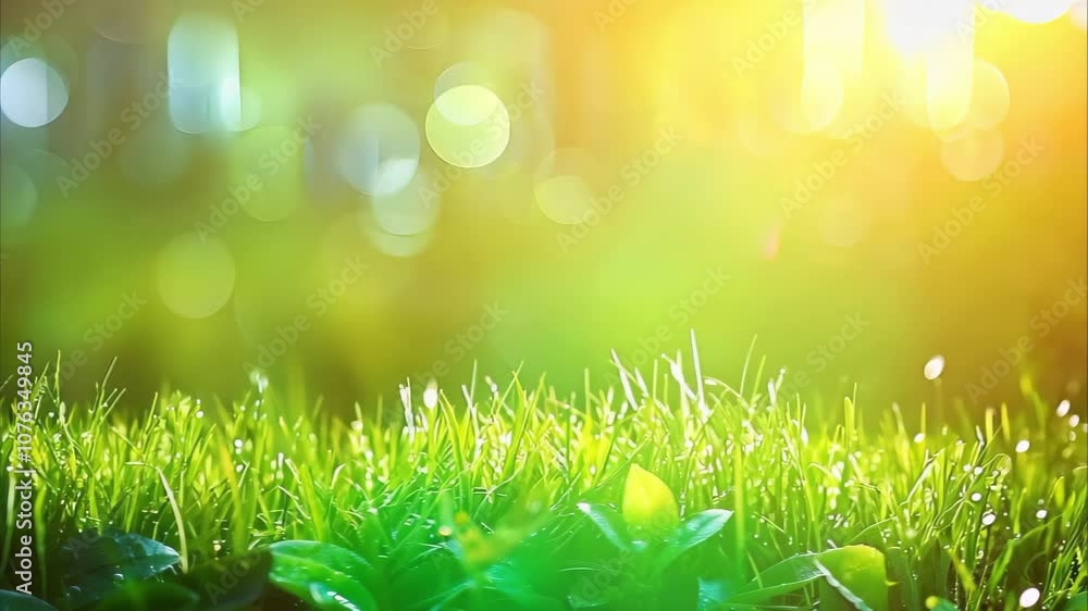 Poster a close-up view of vibrant green grass with soft light and bokeh effects, creating a serene natural 