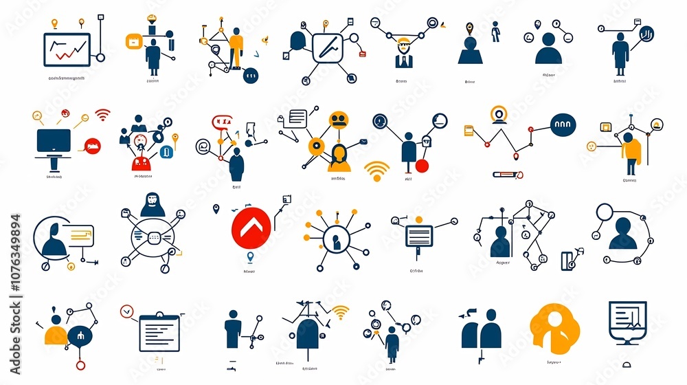 Poster minimalist icon set depicting symbols of organizational teamwork in a modern stylized graphic design