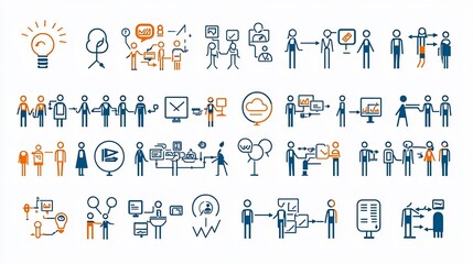 Collection of simple line icons depicting various aspects of community focused business concepts including team networking and cooperative ideas