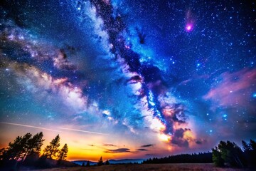 Fototapeta premium A Serene Night Sky Displaying Bright Stars and Galaxies in Tranquil Blue Hues, Perfect for Capturing the Beauty of the Universe and Inspirational Cosmic Landscapes