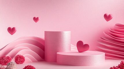 A pink cylinder two-step podium with wave layers, featuring a heart shape on the wall. This setup is perfect for a Valentine’s Day celebration or promotion, creating a romantic and festive atmosphere.